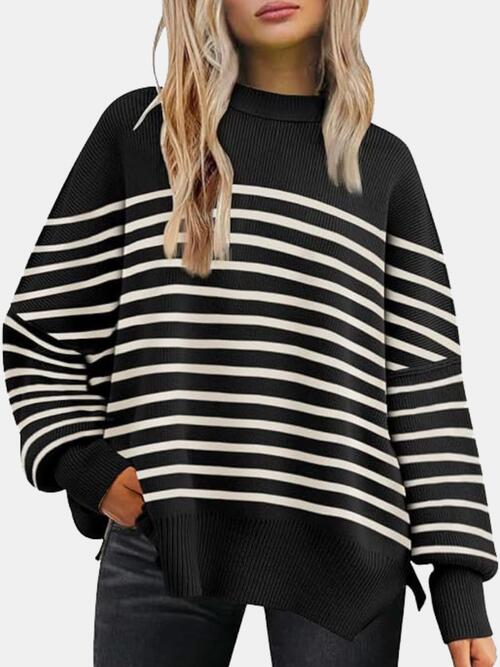 Round Neck Drop Shoulder Slit Sweater - T - 13 COLORS/STRIPES -