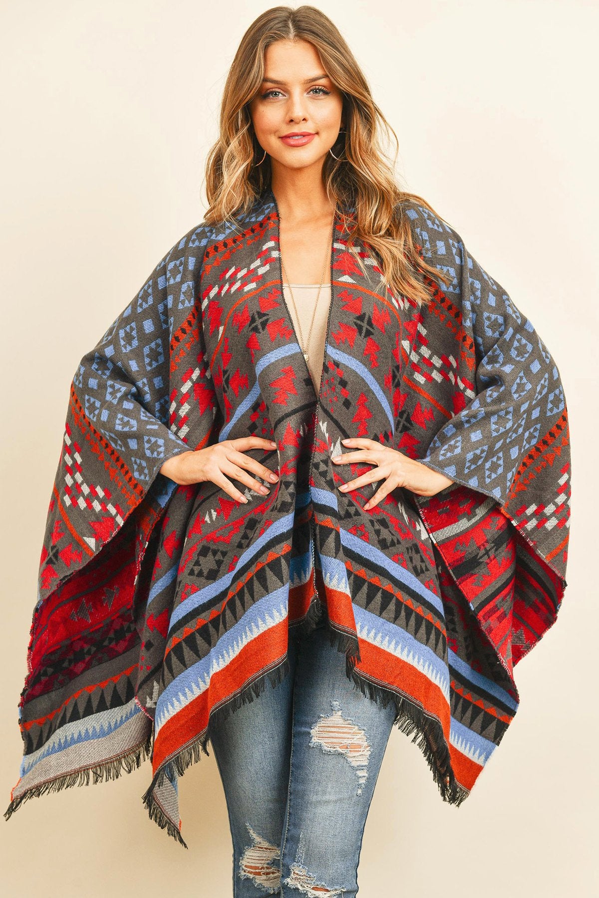 Riah Fashion - Native American Pattern Open Front Kimono - 1 COLOR -