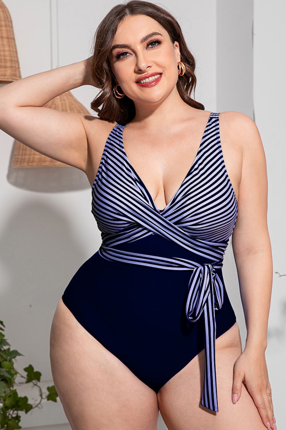 Plus Size Striped Tie-Waist One-Piece Swimsuit - L THRU 4XL - T - 4 OLORS -