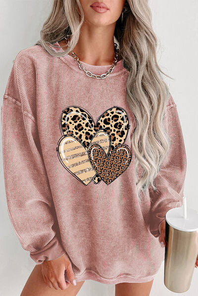 Heart Ribbed Round Neck Sweatshirt - T - 1 COLOR -