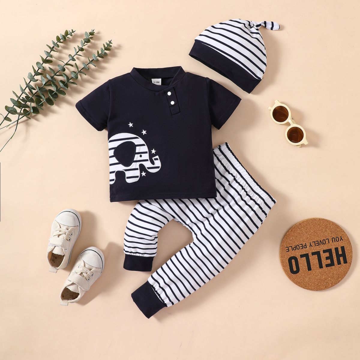 Baby Elephant Graphic Top and Striped Pants Set with Beanie - 3 PCS - T - 1 COLOR -