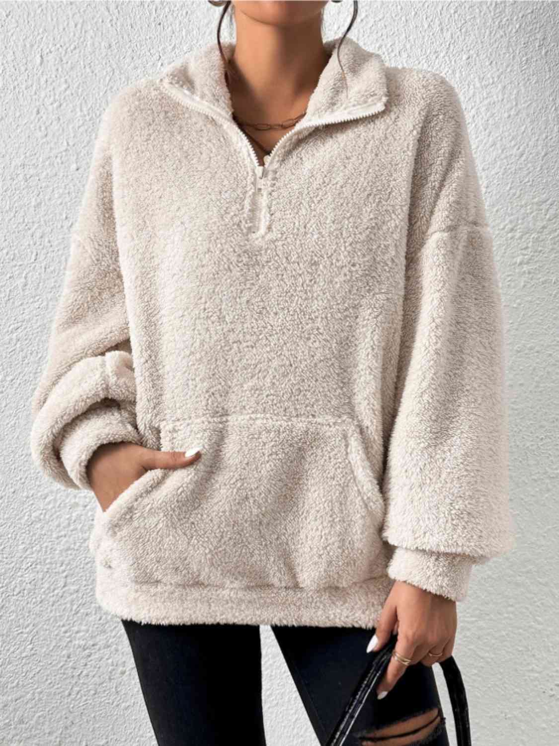 Half Zip Drop Shoulder Sweatshirt with Pocket - T - 3 COLORS -