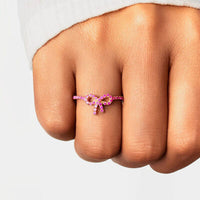 Thumbnail for 925 Sterling Silver Inlaid Zircon - Cancer Awareness / Mother - Daughter Bow Ring - SIZES 5 THRU 10 -