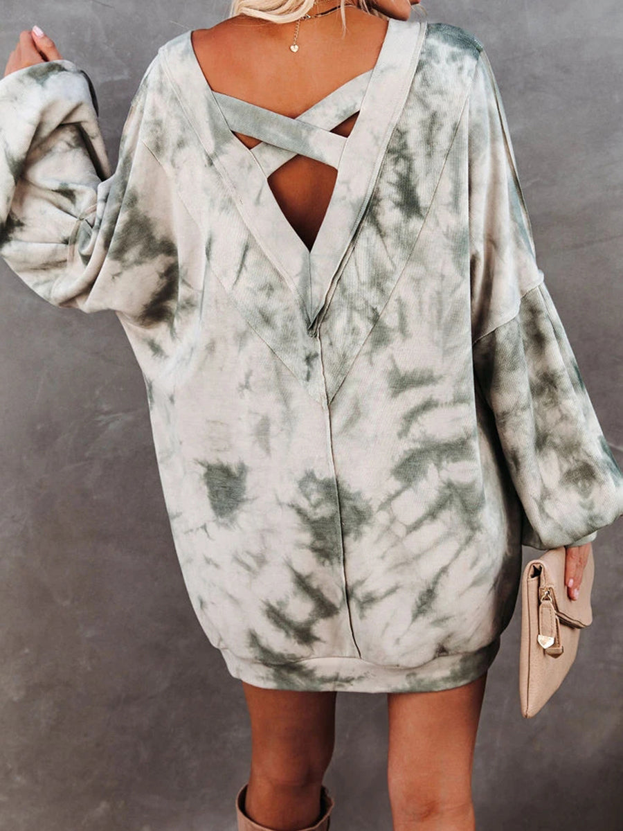 Tie-Dye V-Neck Tunic Sweatshirt - T - 1 COLOR -