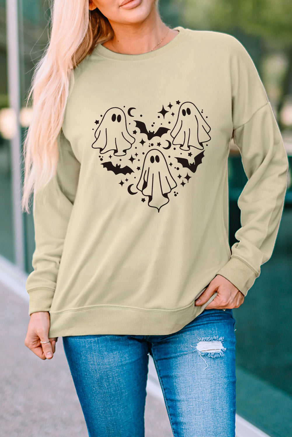 Round Neck Dropped Shoulder Ghost Graphic Sweatshirt - T - 1 COLOR -