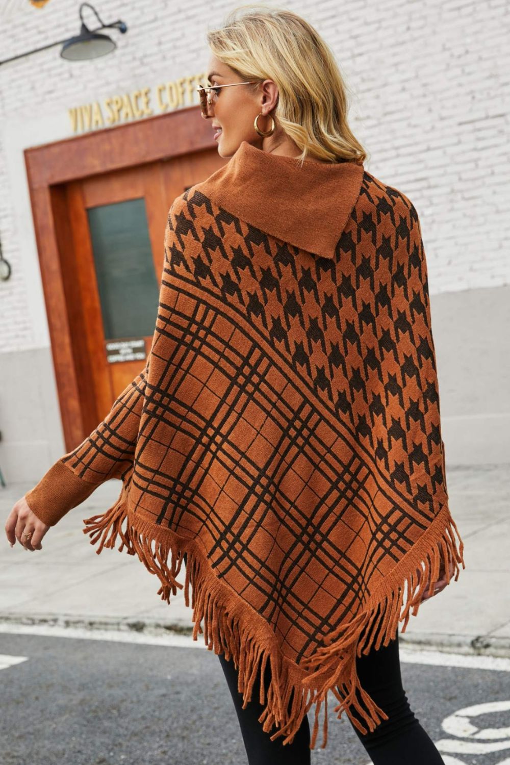 Houndstooth Turtleneck Fringe Hem Poncho - T - 5 COLORS -