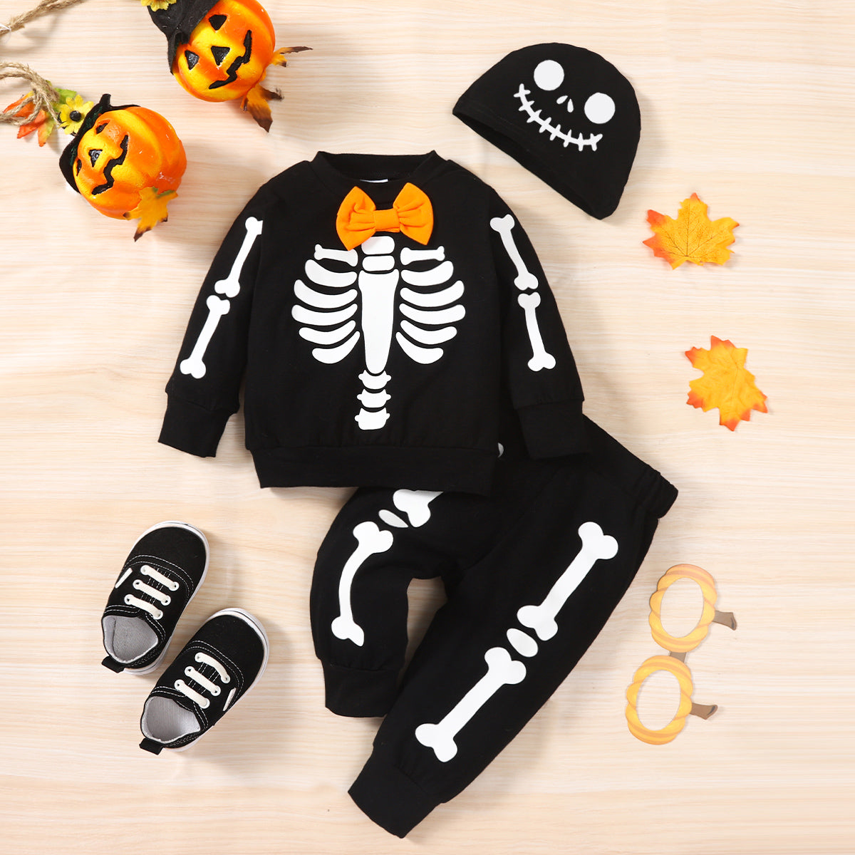 Skeleton Pattern Round Neck Sweatshirt and Bone Pattern Pants Set - 3 PCS. - T - 1 COLOR -