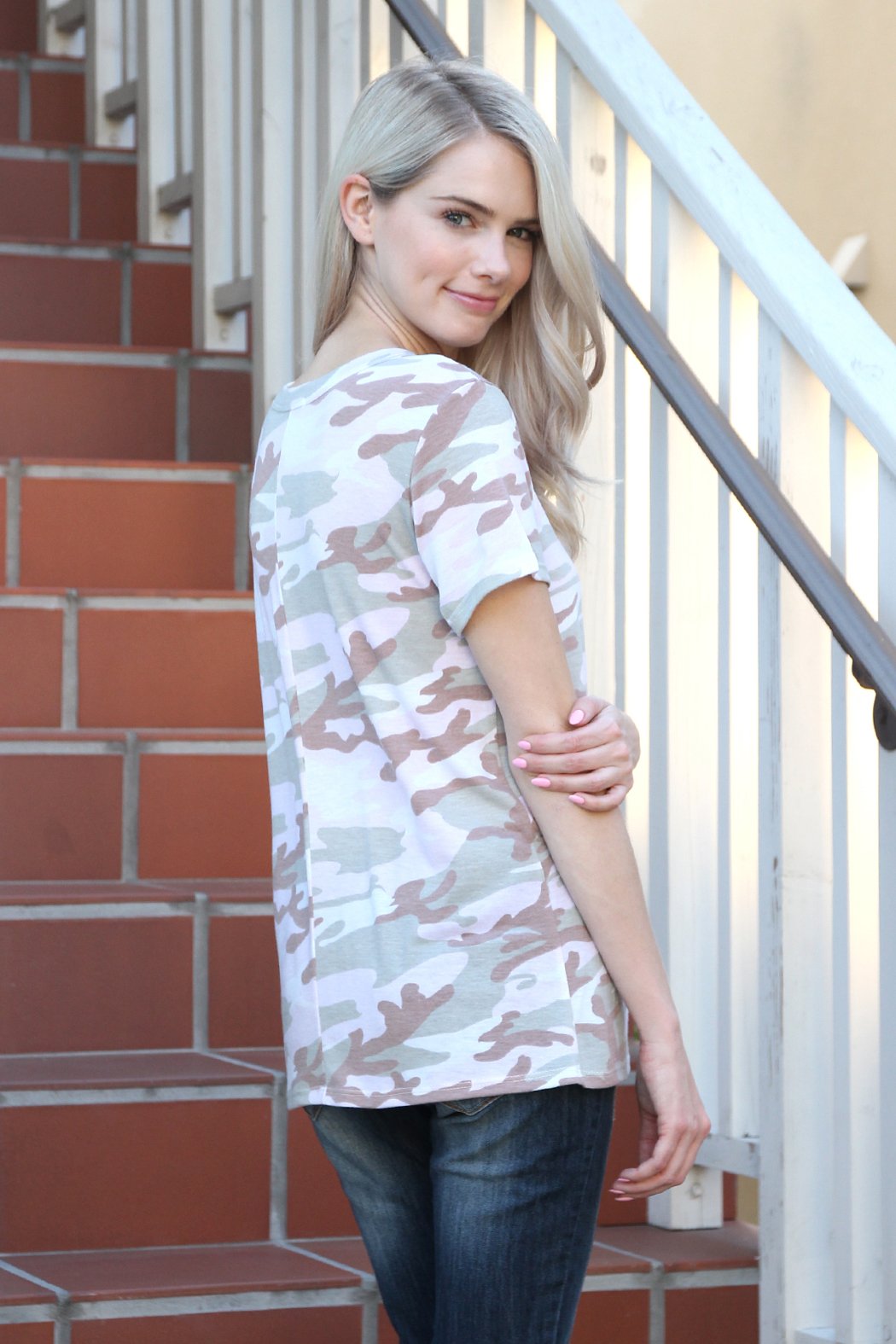 Riah Fashion - Short Sleeve Vintage Camouflage Top - 1 CAMO COLOR -