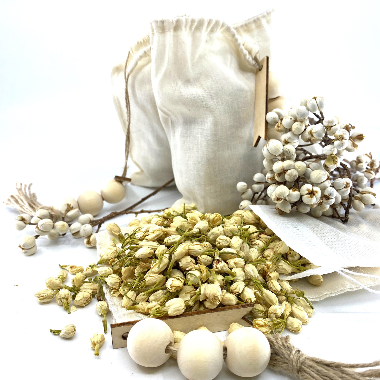 Sunsum - 100% Naturally Dried Jasmine Flowers, Jute & Wooden Beaded Drawstring Sack, 1/2 Oz -