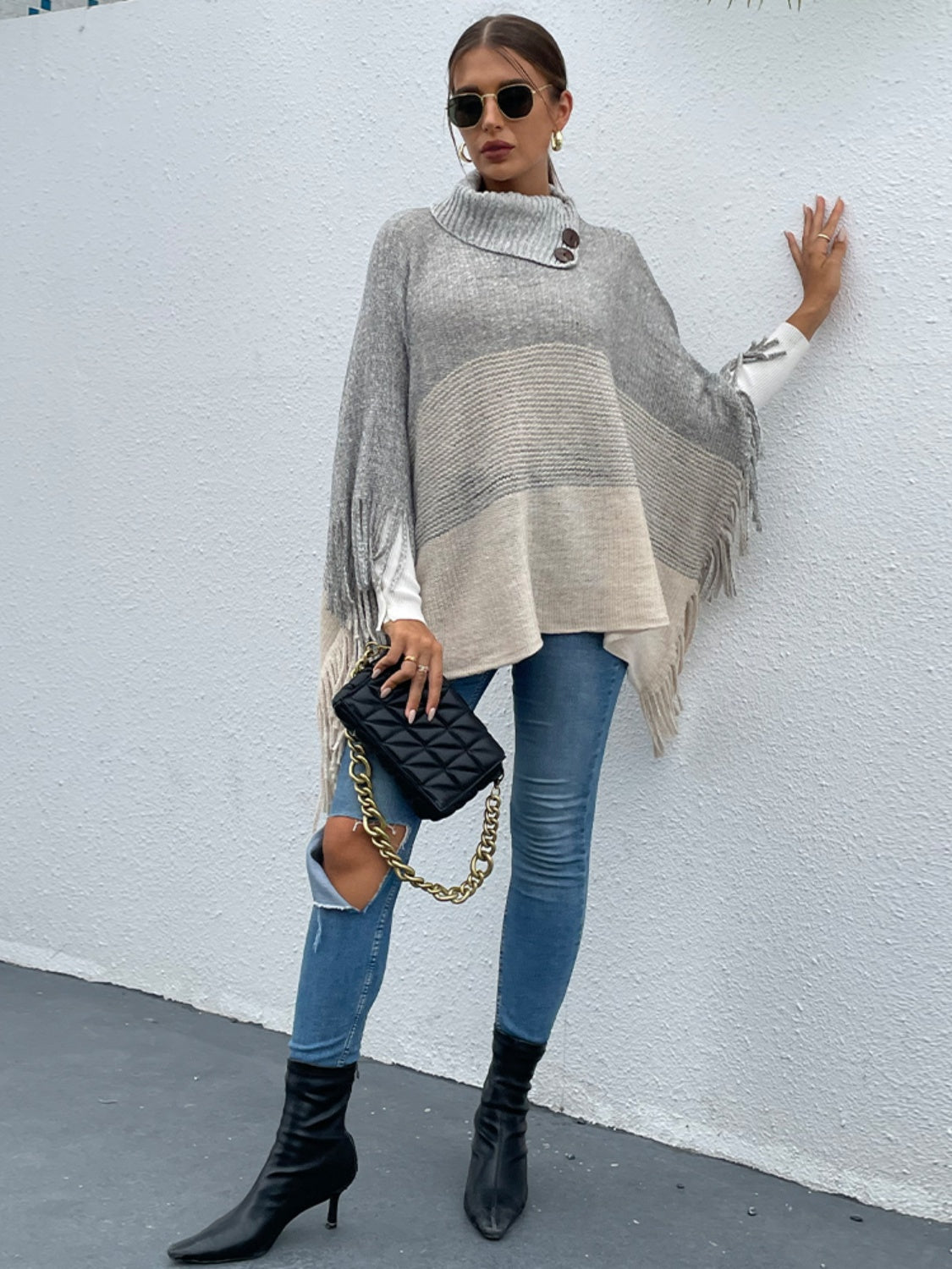 Color Block Fringed Sweater - T - 1 COLOR -