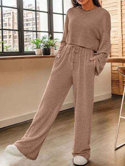 Ribbed Round Neck Top and Drawstring Pants Set - 2 PCS. - T - 7 COLORS -