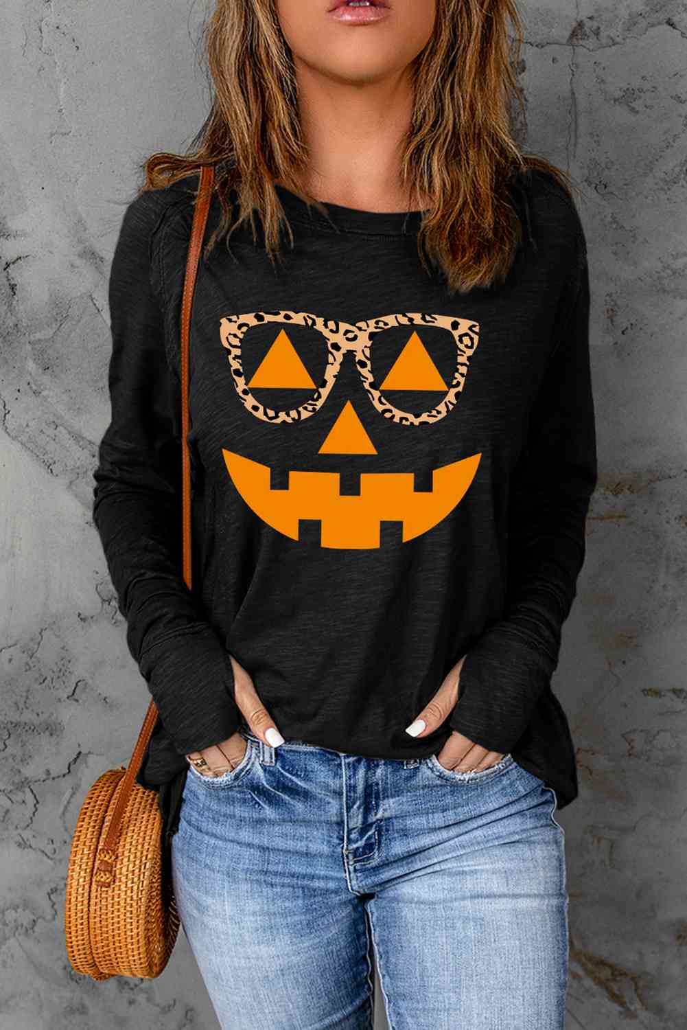 Pumpkin Face Graphic Long Sleeve T-Shirt - T - 1 COLOR -