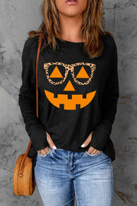 Thumbnail for Pumpkin Face Graphic Long Sleeve T-Shirt - T - 1 COLOR -