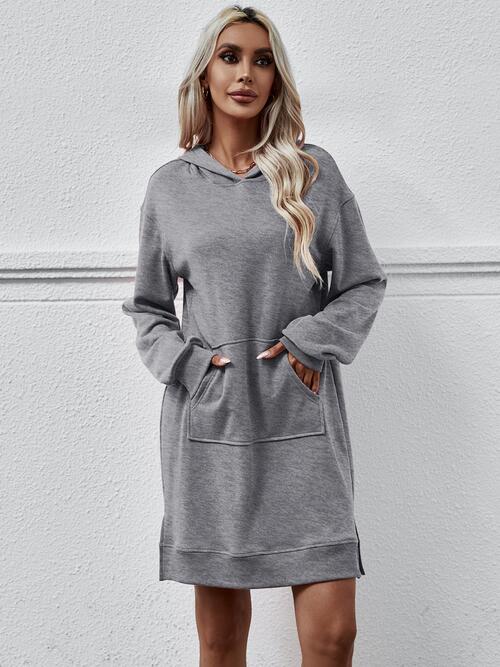 Slit Long Sleeve Hooded Dress with Pocket - T - 9 COLORS -