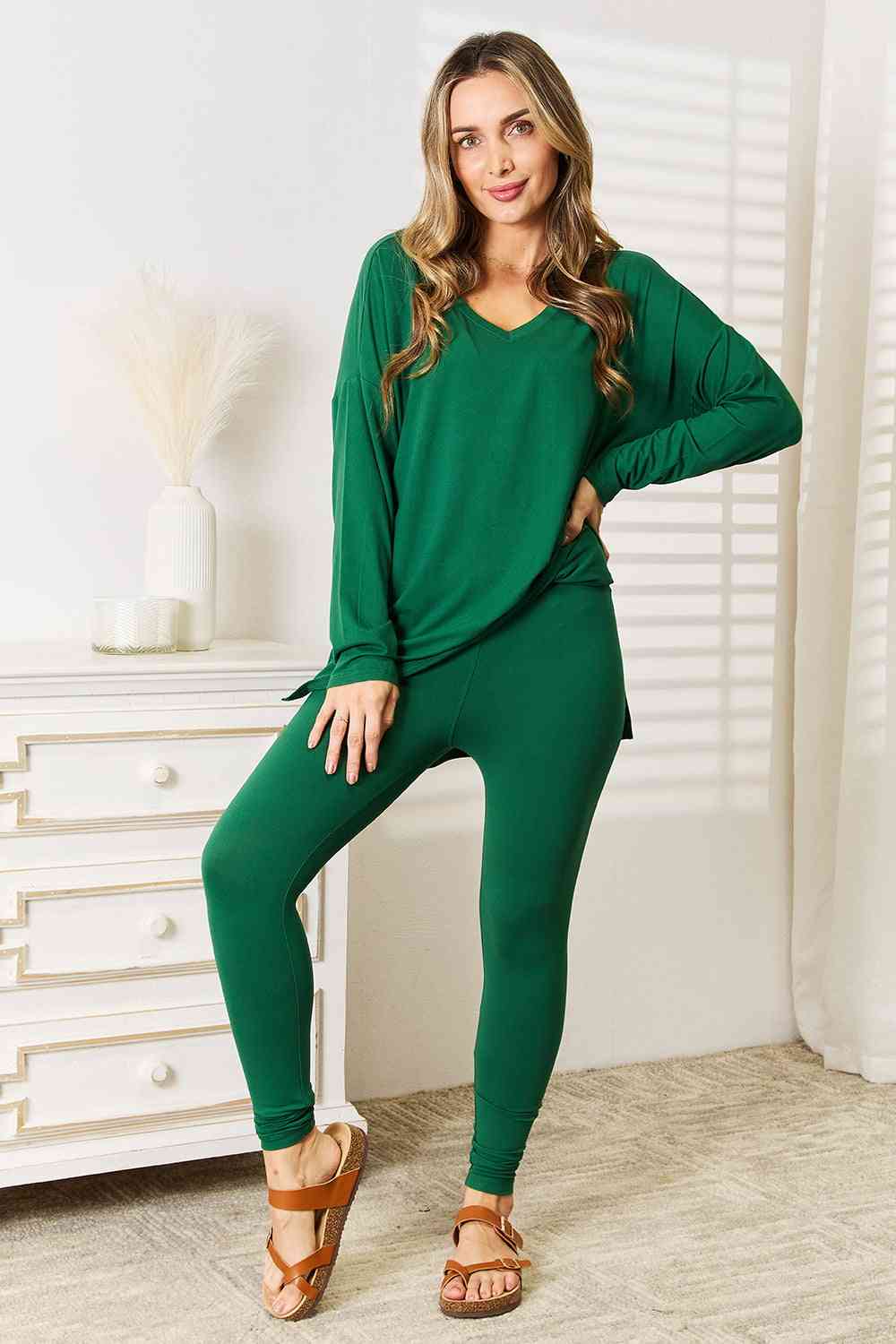 Zenana Lazy Days Full Size Long Sleeve Top and Leggings Set - T - 1 COLOR -