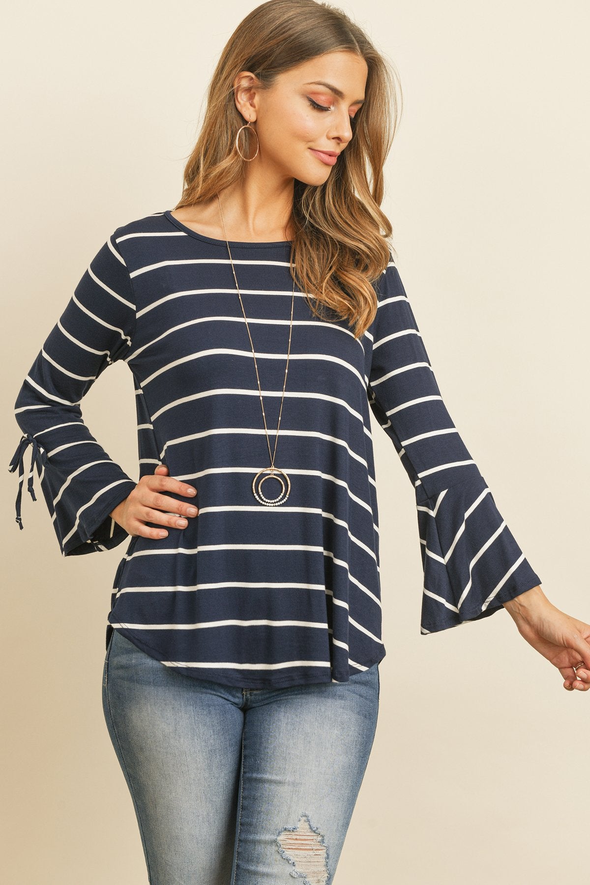 Riah Fashion - Stripe Flutter Sleeve Tie Top - 3 COLORS -