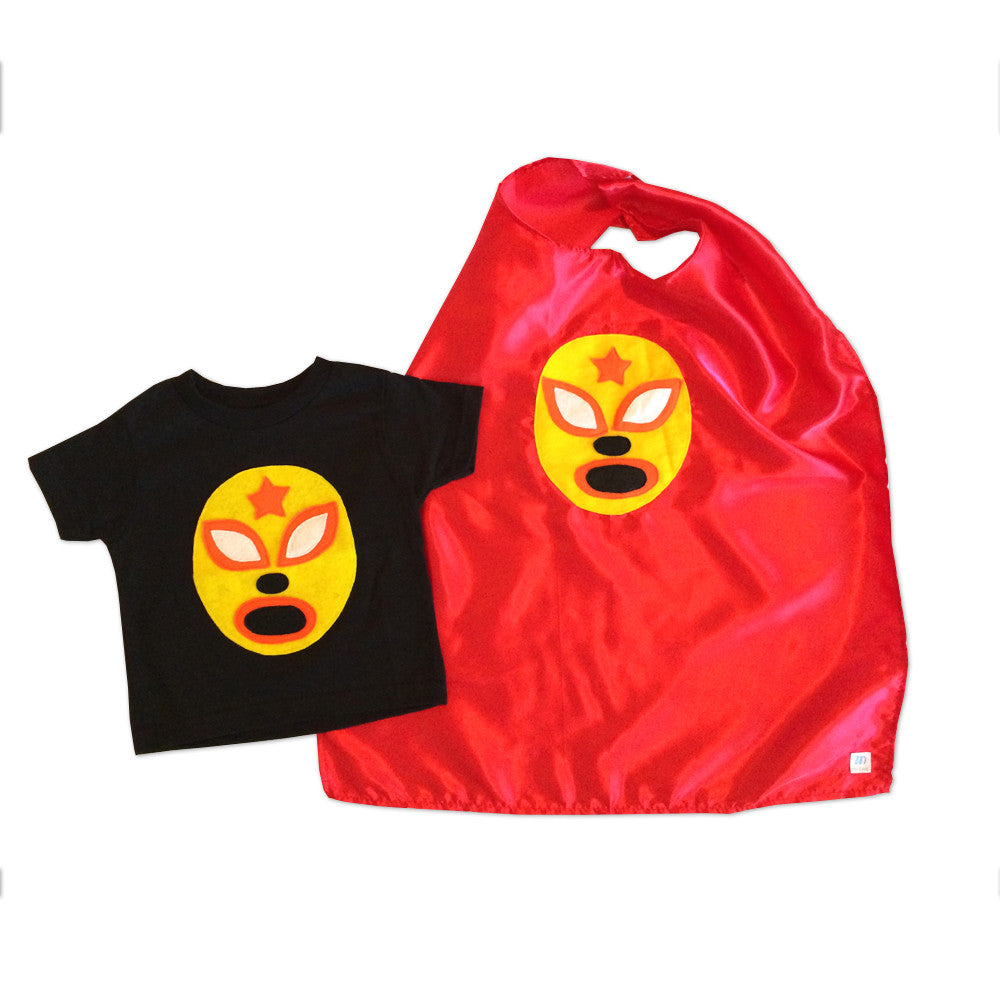 mi cielo - Kid's Cape and Shirt- Luchador Amarillo - Yellow Mexican Wrestler Toddler T-Shirt & Red Cape Combo