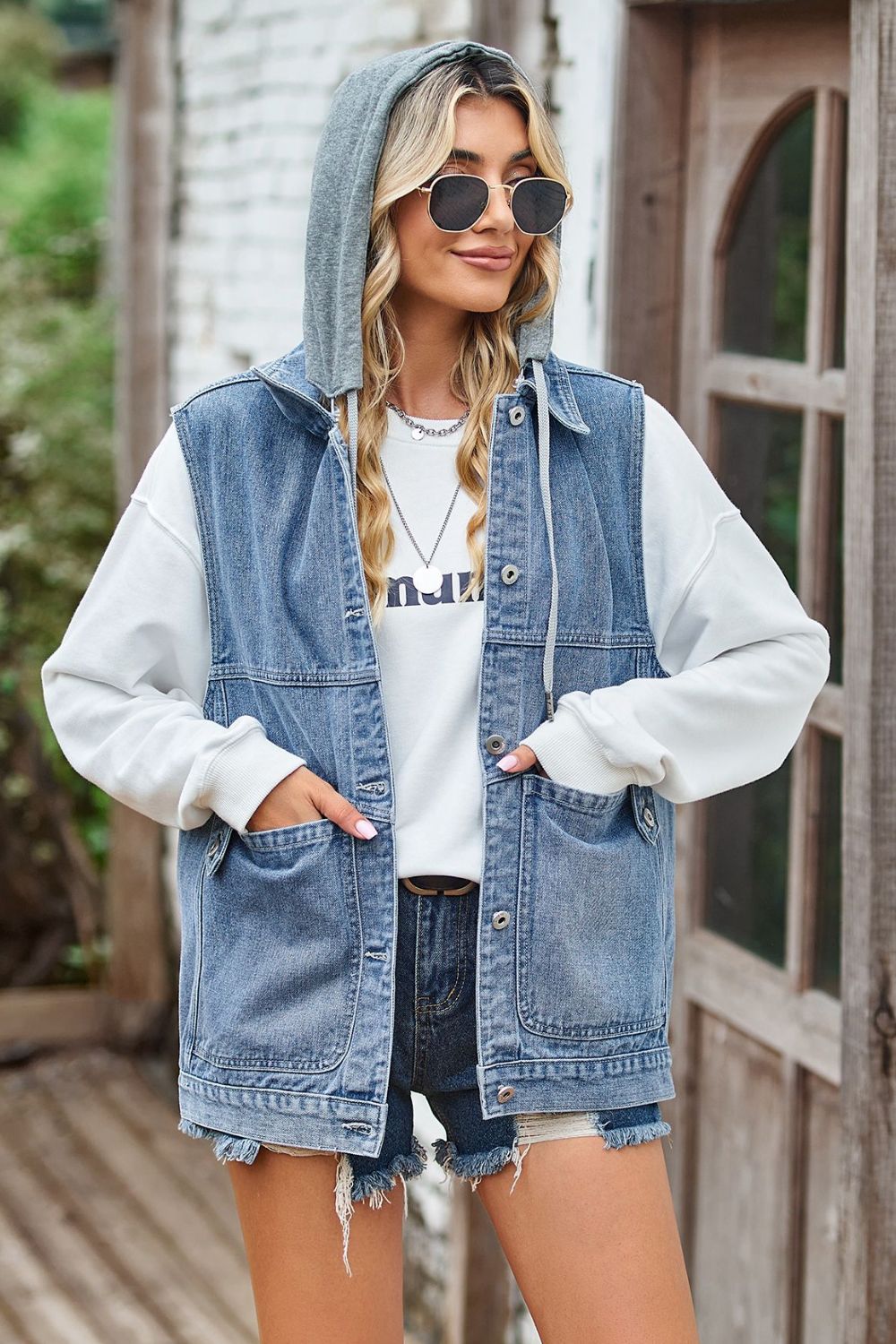 Sleeveless Denim Top with A Detachable Hood - T - 2 DENIMS -