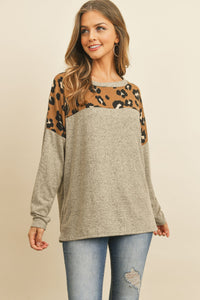 Thumbnail for Riah Fashion - Long Sleeve Leopard Contrast Hacci Brushed Top - 3 COLORS -