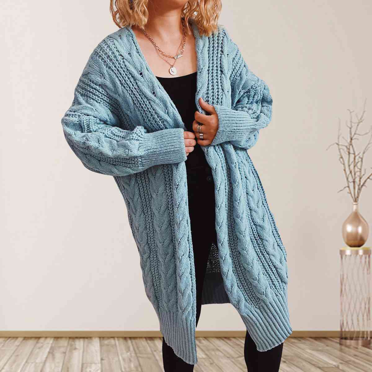 Cable-Knit Open Front Dropped Shoulder Cardigan - T - 6 COLORS -