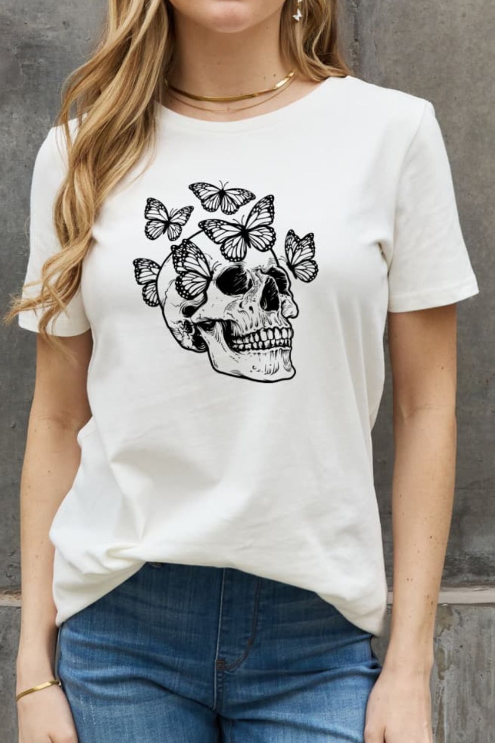 Simply Love Full Size Butterfly Skull Graphic Cotton Tee - T - 2 COLORS -