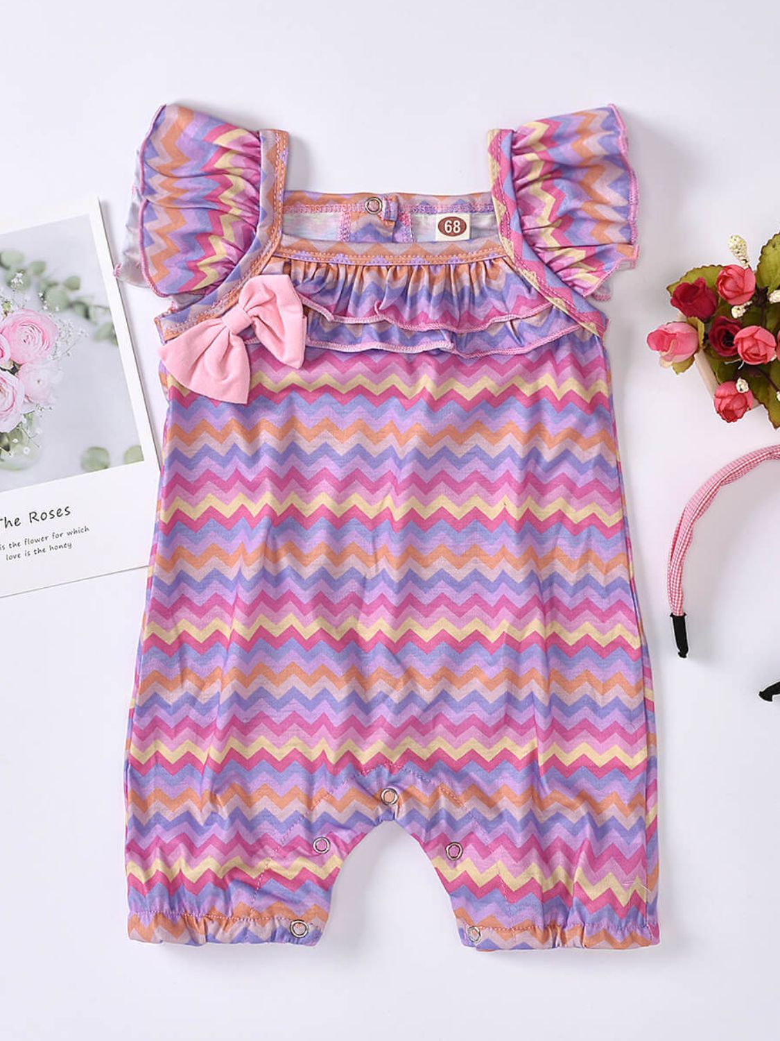 Baby Girl Printed Bow Detail Square Neck Romper - T - 2 COLORS - 5 SIZES -