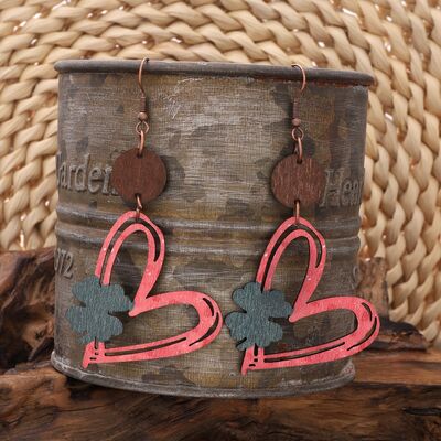 Wood Cutout Heart Dangle Earrings - T - 1 COLOR -