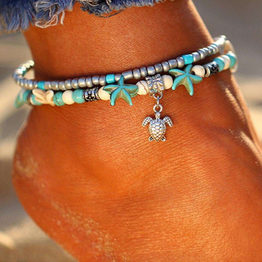 Vintage Double Beaded Turtle Starfish Boho Anklet -