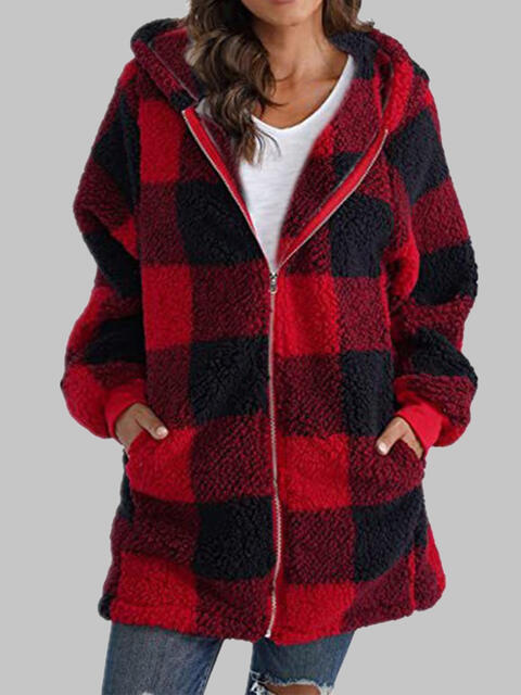 Plaid Zip-Up Hooded Jacket with Pockets - T - 7 COLORS -