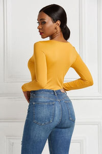 Thumbnail for Half Zip Scoop Neck Long Sleeve Bodysuit - T - 10 COLORS -