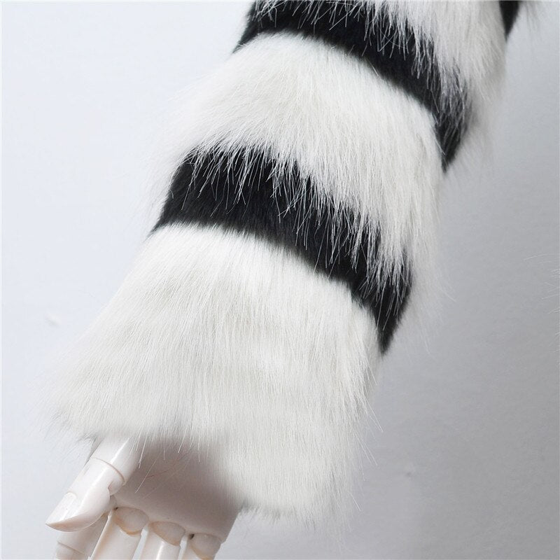 Sharon Tatem - Black and White Striped Faux Fur Coat Fur Coat - Elegant Fur Coat - Long Sleeve Collarless Casual -