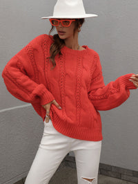 Thumbnail for Woven Right Cable-Knit Openwork Round Neck Sweater - T - 6 COLORS -