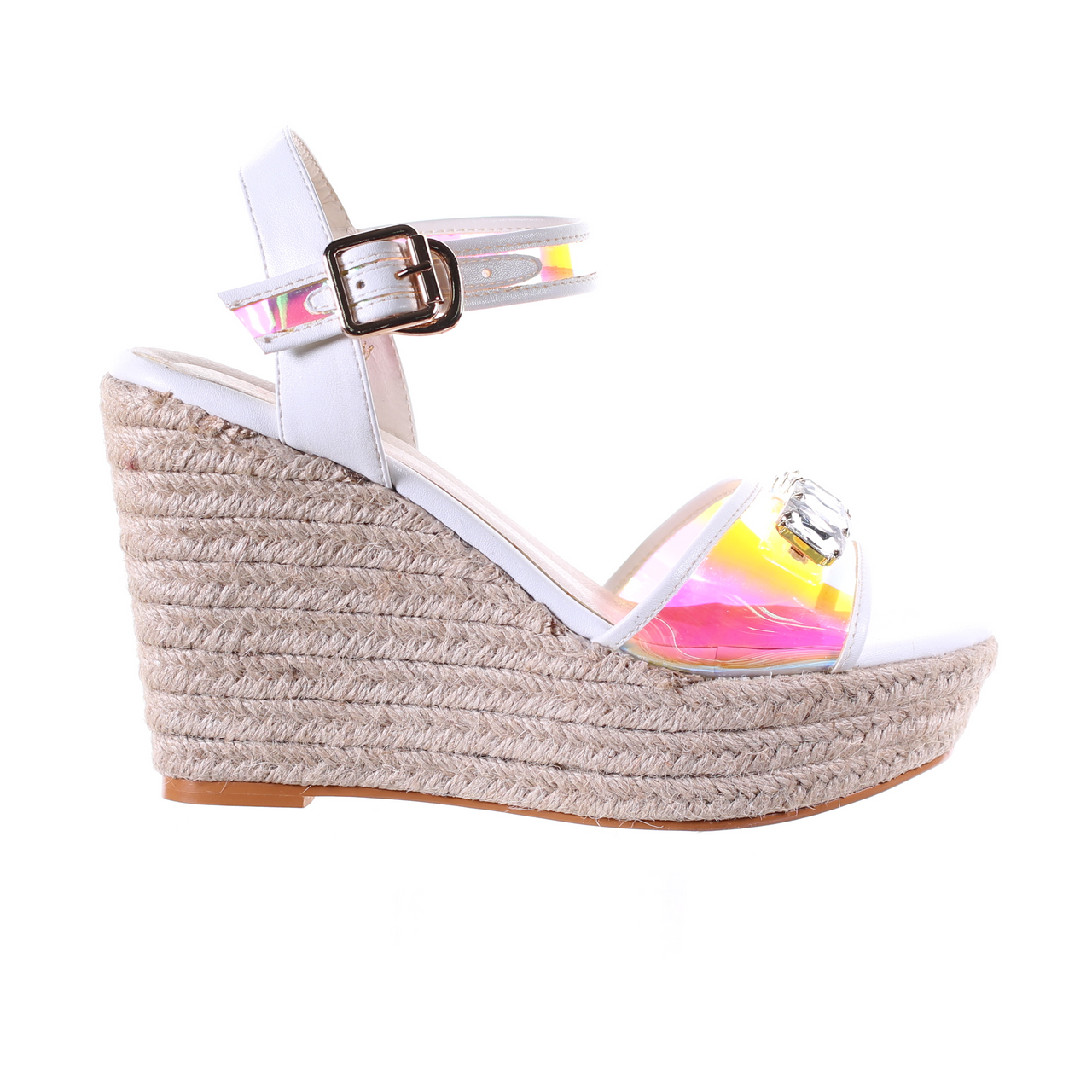 Rhinestones Open Toe Wedge Heel Sandal (White) -