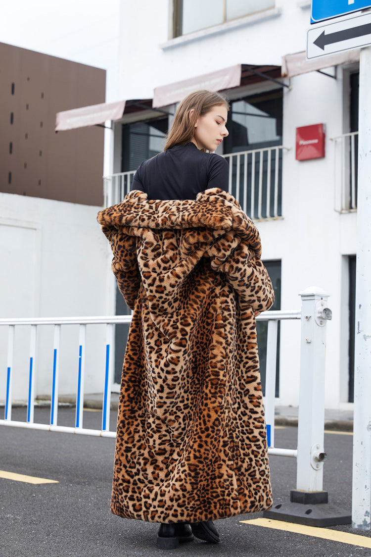 Sharon Tatem - Faux Fur - Leopard Print - Rabbit Tailored Collar - Warm Thick X-Long Coat Long Sleeve Jacket -