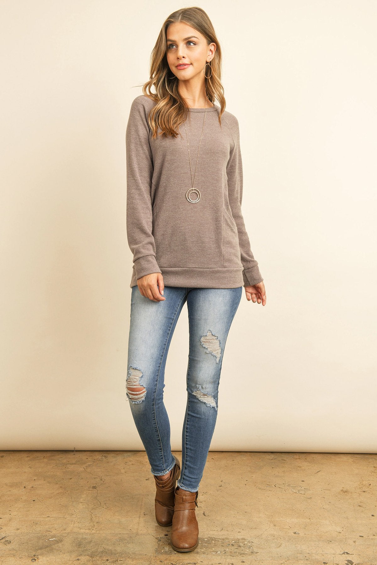 Riah Fashion - Knit Front Pocket Long Sleeved Top - 2 COLORS -