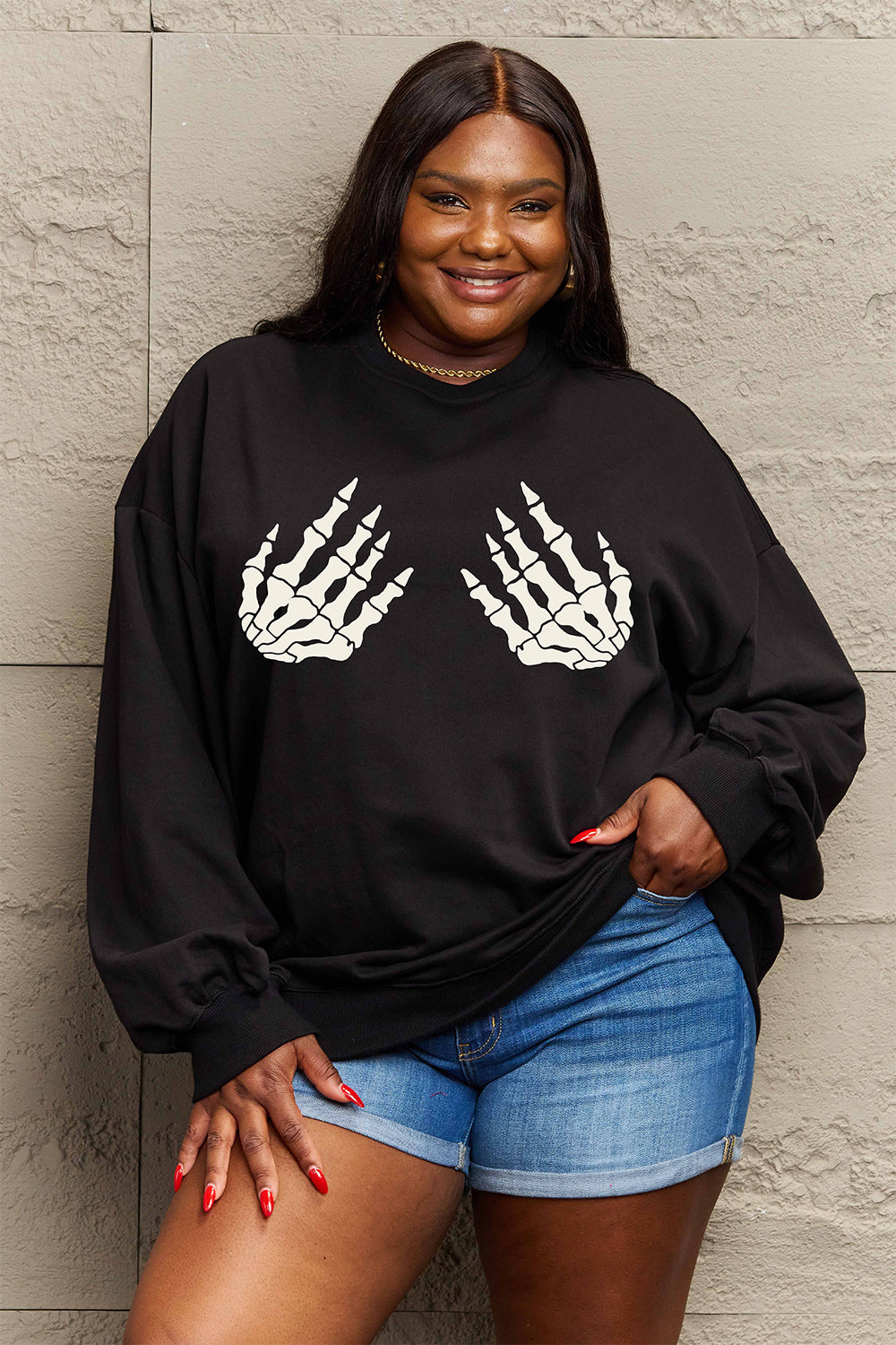 Simply Love Full Size Skeleton Hand Drop Shoulder Sweatshirt - S THRU 3XL - T - 1 COLOR -