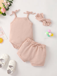 Thumbnail for Baby Girl Waffle-Knit Tie-Shoulder Top and Shorts Set with Headband - 3 PCS - T - 2 COLORS -