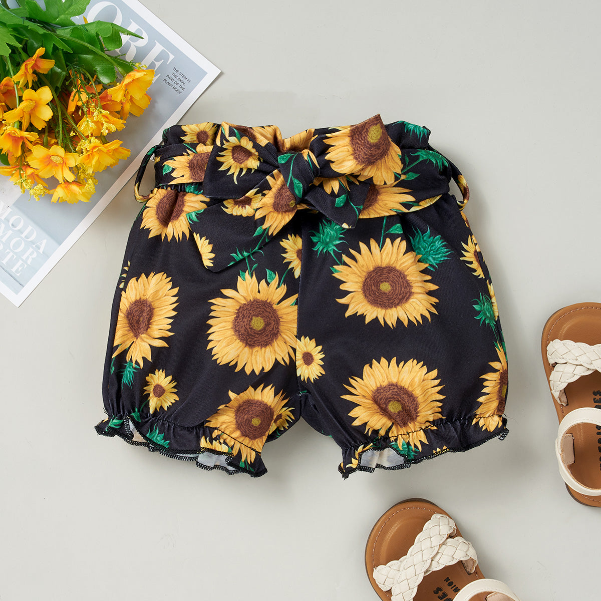 HELLO SUMMER Bodysuit and Sunflower Print Pants Set with Headband - 3 PCS - T - 1 COLOR COMBO -