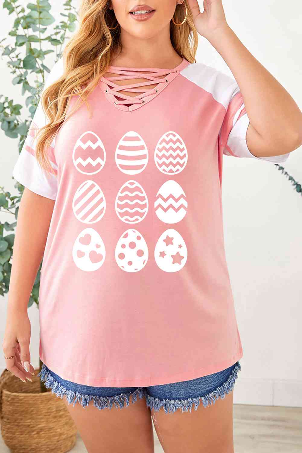 Plus Size Easter Egg Graphic Crisscross Tee Shirt - SIZES 1XL THRU 5XL - T - 1 COLOR -