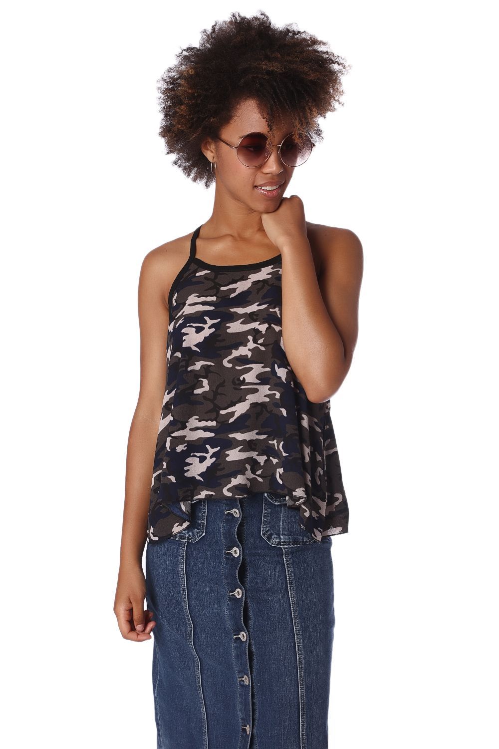 Q2 - Gray Camo Print Dip Hem Top - 1 COLOR -