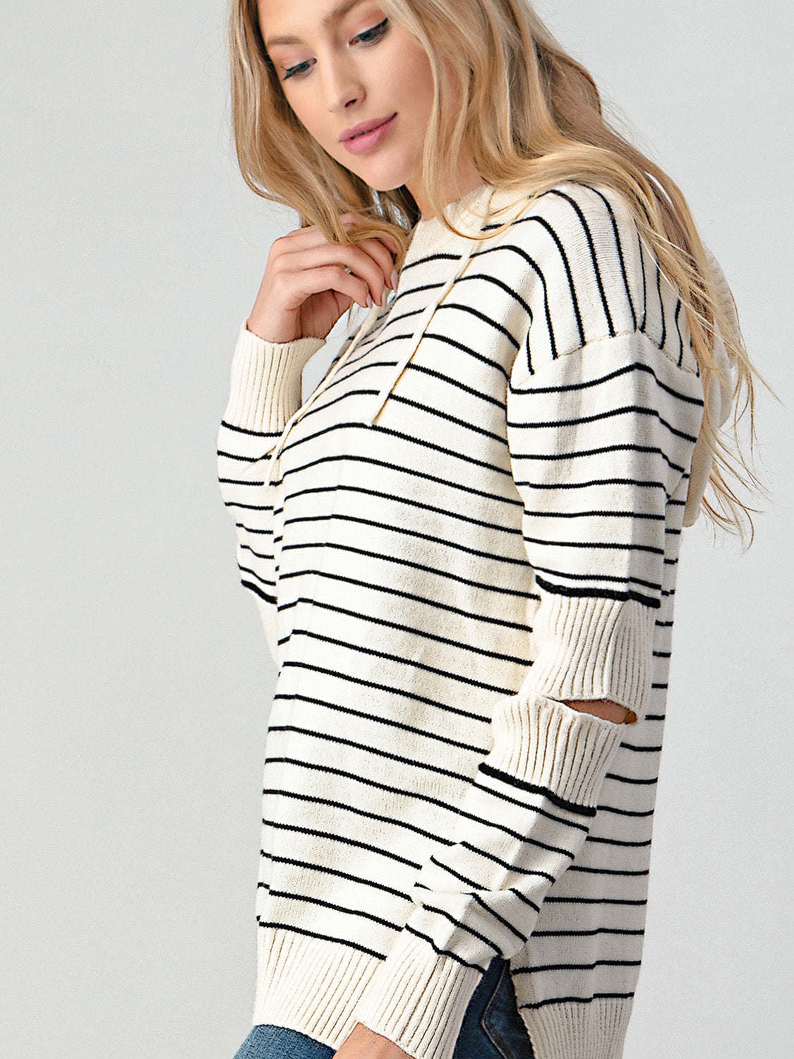 Striped Cutout Slit Hooded Sweater - T - 1 COLOR -