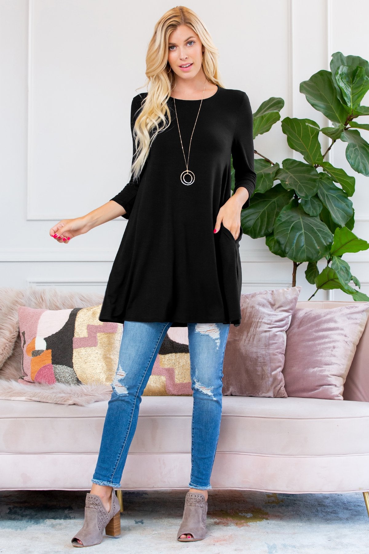 Riah Fashion - Premium 3/4 Sleeve Swing Pocket Tunic Dress - 6 COLORS -