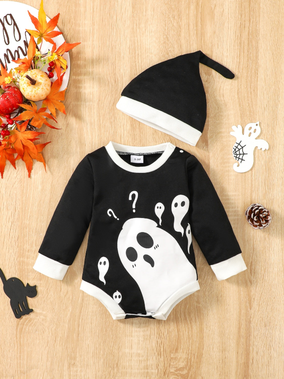 Ghost Graphic Long Sleeve Bodysuit with Beanie - 2 PCS - T - 2 COLORS -