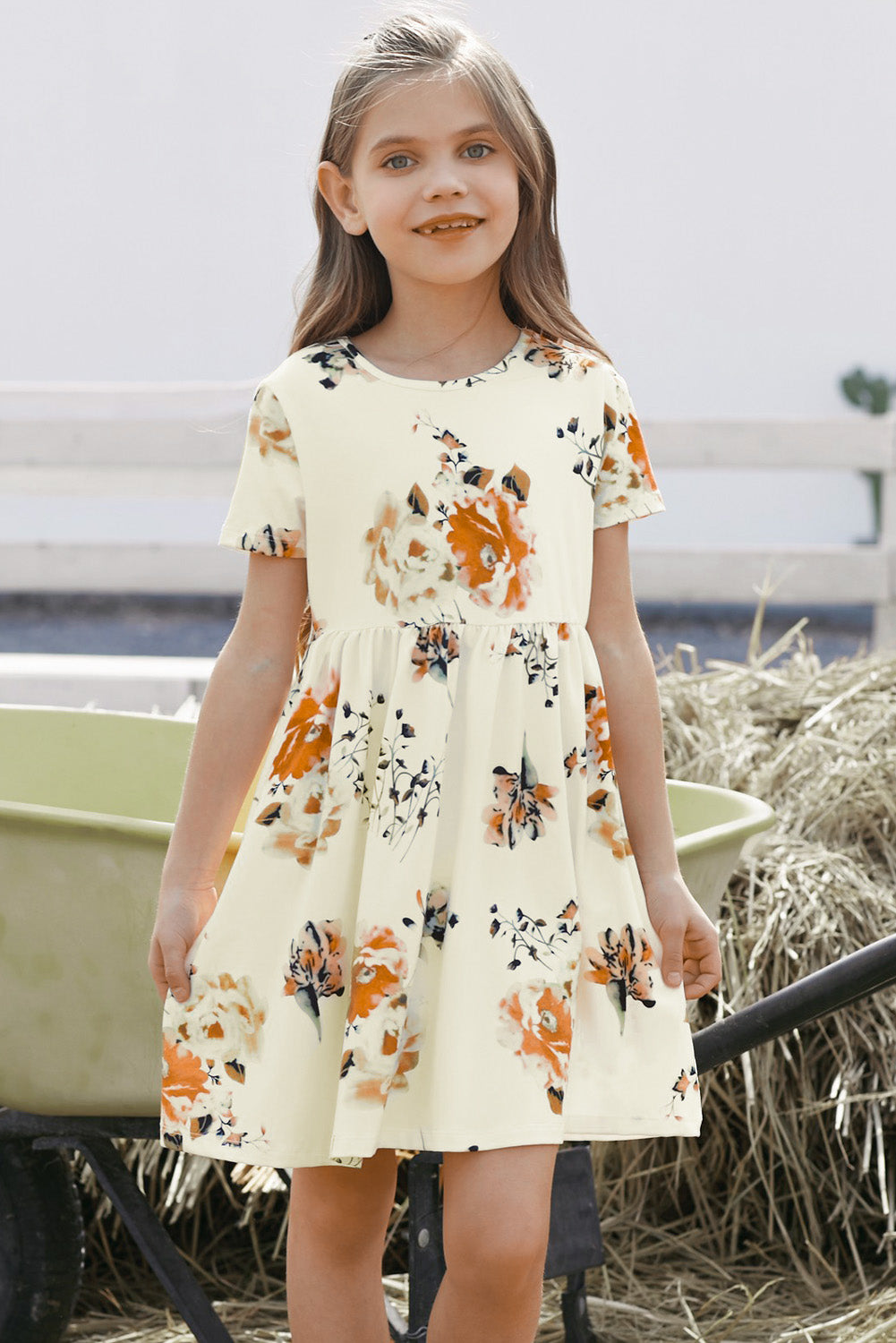 Girls Floral Short Sleeve Round Neck Dress - T - 5 SIZES - 1 COLOR -