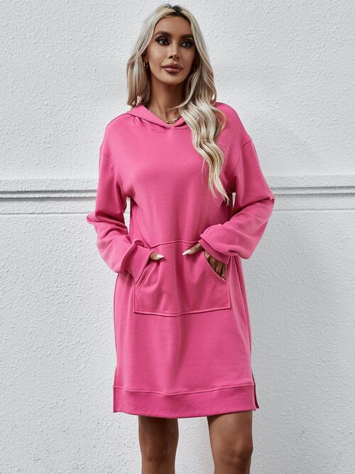 Slit Long Sleeve Hooded Dress with Pocket - T - 9 COLORS -