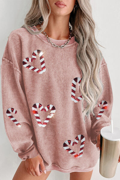 Candy Cane Sequin Dropped Shoulder Sweatshirt - T - 1 COLOR -