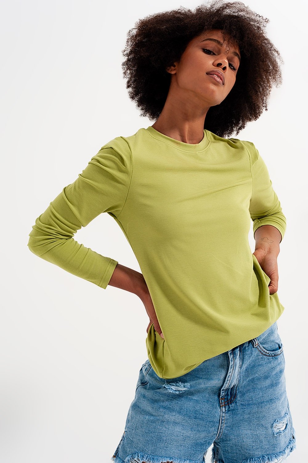 Q2 - Long Sleeve Top With Shoulder Detail in Green - 1 COLOR -