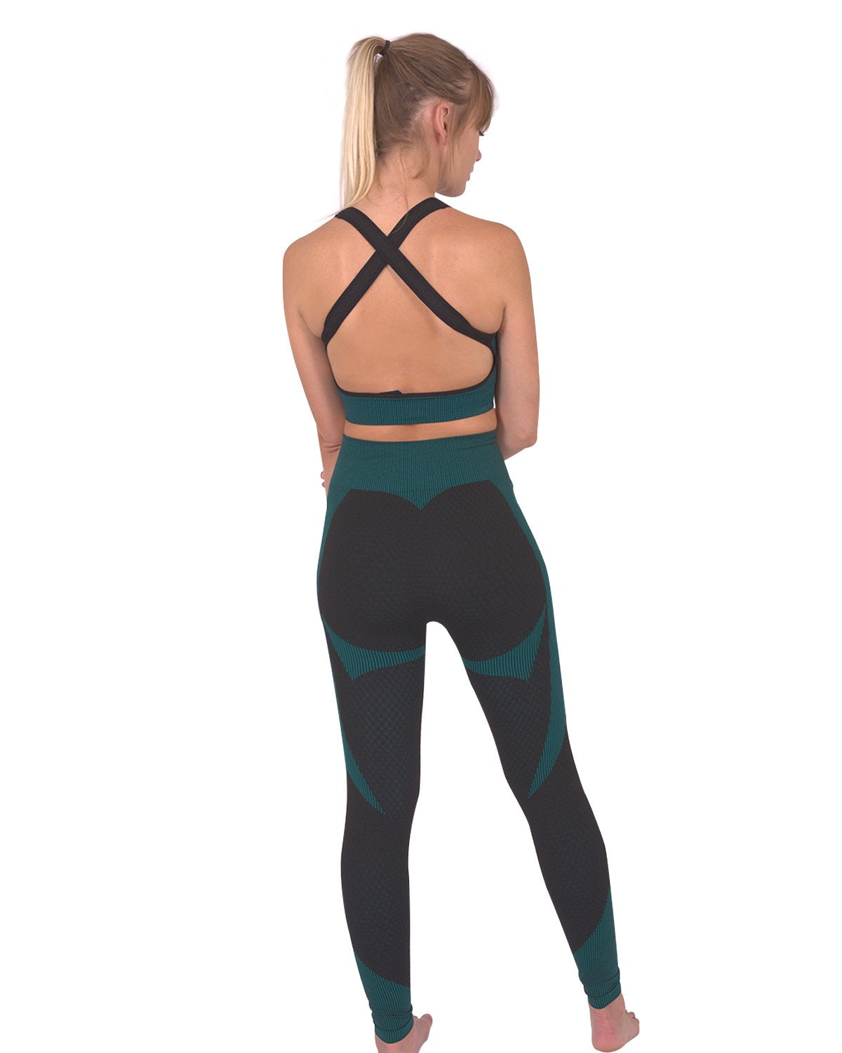 Savoy - Trois Seamless Leggings & Sports Top 2 Set - Black With Teal Blue - 2 PCS - 1 COLOR -