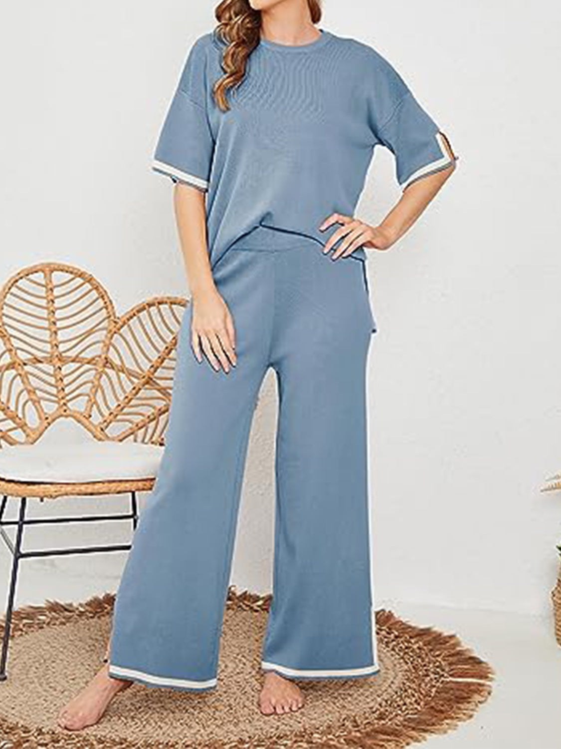 Contrast High-Low Sweater and Knit Pants Set - T - 7 COLORS -