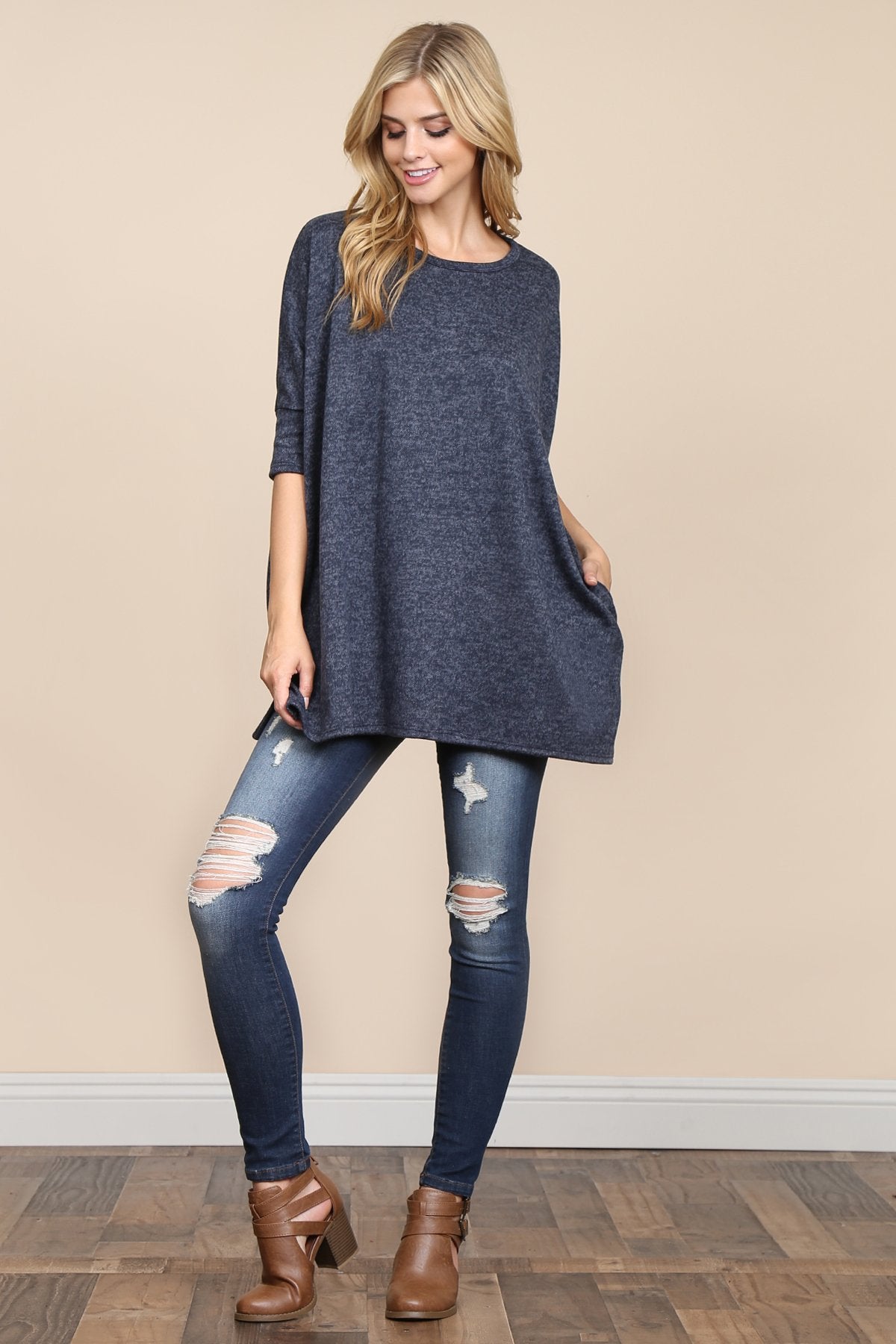 Riah Fashion - Two Tone Hacci Oversized Dropped Shoulder Pocket Tunic - 3 COLORS -